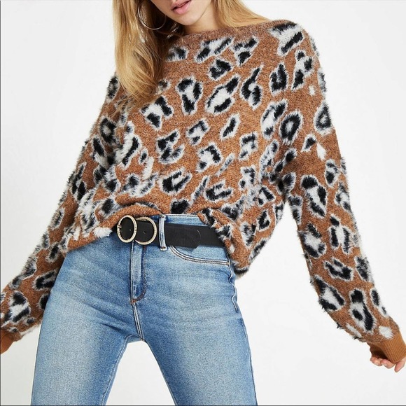 River Island Leopard Animal Print Fuzzy Knit Cropped Mock Neck Jumper Sweater - Picture 1 of 9
